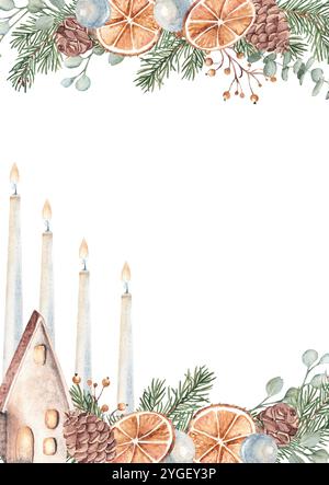 Cadre vertical carré de l'Avent de Noël, bordure. Modèle de carte avec plantes d'hiver, bougies et maison en céramique, lanterne rustique. Botanique dessiné à la main Banque D'Images