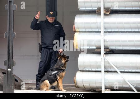 Zagreb, Croatie. 07 novembre 2024. Des membres de la police des frontières croate sont vus lors d'un exercice contre le commerce illégal de produits du tabac au poste frontière de Bregana près de Zagreb, Croatie, le 7 novembre 2024. Photo : Robert Anic/PIXSELL crédit : Pixsell/Alamy Live News Banque D'Images