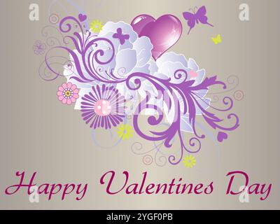 Fleur violette et verte avec un coeur et un papillon dessus. Les mots « bonne Saint Valentin » sont écrits sous la fleur Illustration de Vecteur
