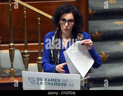 Bruxelles, Belgique. 07 novembre 2024. La ministre sortante des Affaires étrangères Hadja Lahbib photographiée lors d’une séance plénière de la Chambre au Parlement fédéral à Bruxelles, jeudi 07 novembre 2024. BELGA PHOTO ERIC LALMAND crédit : Belga News Agency/Alamy Live News Banque D'Images