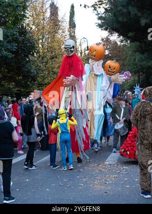 Une parade familiale d'Halloween sur Albemarle Road dans le quartier résidentiel Prospect Park South de Brooklyn, New York. Banque D'Images