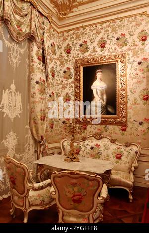 Vienne, Autriche - 6 octobre 2024 : salon privé de l'impératrice Elisabeth au Palais de Schönbrunn - somptueux décor floral et portrait de Sissi reflétant le XIXe siècle Banque D'Images