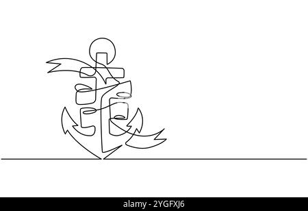 Dessin continu d'une ligne de l'ancre. Illustration simple de l'art au trait d'élément maritime nautique Illustration de Vecteur