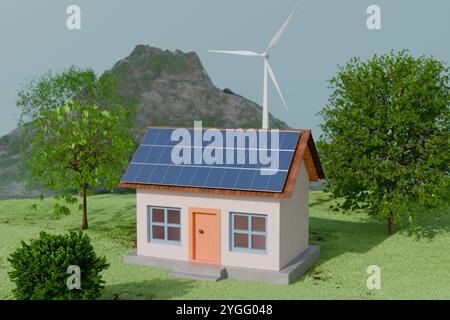 Une maison moderne avec des panneaux solaires et une éolienne, situé dans un paysage verdoyant. rendu 3d. Banque D'Images