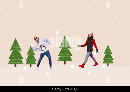 Affiche de collage d'image de gens joyeux funky profitant de la saison d'hiver jouant à un jeu jetant des boules de neige isolé sur fond de dessin Banque D'Images