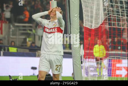 Stuttgart, Allemagne. 06 novembre 2024. firo : 06.11.2024 Football, Football, LIGUE DES CHAMPIONS DE l'UEFA, saison 2024/2025, UCL, Cl, VfB Stuttgart - Atalanta Bergamo Chris Fuhrich de VfB Stuttgart déçu crédit : dpa/Alamy Live News Banque D'Images