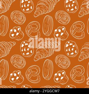 Modèle sans couture de diverses boulangeries comme croissant, bretzel, muffin et pâtisserie, design d'art au trait en blanc sur un fond brun chaud. Idéal pour la nourriture Illustration de Vecteur