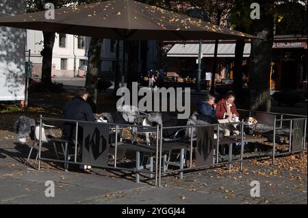 Les clients ayant des rafraîchissements légers et des boissons chaudes / froides dans le soleil matinal d'automne dans le Studenterlunden Park and Garden le long Karl Johnas GA Banque D'Images