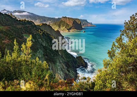 Porto da Cruz, paysage côtier, vue depuis le sentier de randonnée Vereda do Larano en direction de Porta da Cruz. Banque D'Images