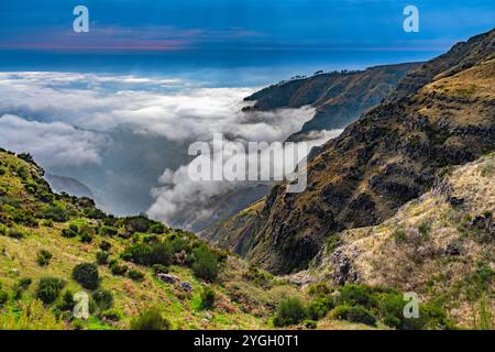 Ponta do sol, randonnée le long de la Levada do Paul. Brouillard sur la côte sud Banque D'Images