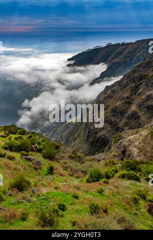 Ponta do sol, randonnée le long de la Levada do Paul. Brouillard sur la côte sud Banque D'Images