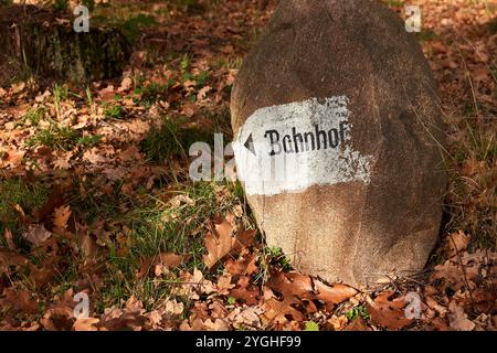 Bahnhof, allemand pour le panneau directon de la gare sur un sentier forestier Banque D'Images