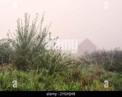 Aube d'automne dans la vallée de Schmuttertal près de Margertshausen dans le parc naturel des forêts occidentales d'Augsbourg Banque D'Images