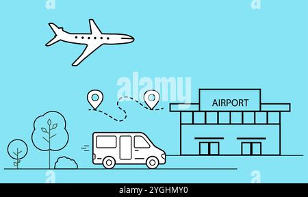 arrivée homme femme. Voler loin homme femme. arrivée du taxi. voiture. vol avion aéroport. Illustration de Vecteur