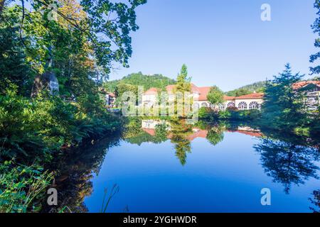 Bad Lauterberg im Harz, park Kurpark, Kurhaus, pond in Harz, Niedersachsen, Lower Saxony, Germany Stock Photo