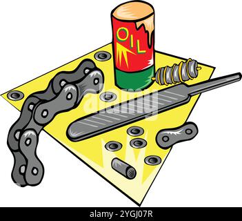 une illustration vectorielle de conception de l'outil pour fixer le maillon cassé de la chaîne avec l'huile d'une bouteille Illustration de Vecteur