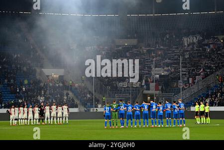 Gedenken Schweigeminute fuer die Opfer von Valencia TSG 1899 Hoffenheim v. Olympique Lyon, Fussball, UEFA Europa League, Spieltag 4, saison 2024/2025, 07.11.2024 Foto : Eibner-Pressefoto/Michael Weber Banque D'Images