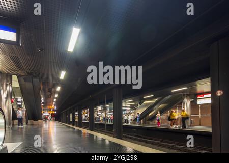 Düsseldorf, subway station Heinrich-Heine-Allee of light rail Wehrhahn line (official name, main line 3) is an underground main line of the Düsseldorf Stadtbahn, operated by the Rheinbahn as part of the Rhein-Ruhr Stadtbahn. in Düsseldorf und Neanderland, North Rhine-Westphalia, Germany Stock Photo