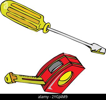 Une illustration vectorielle abstraite montre un tournevis à outil et un mètre ruban Illustration de Vecteur