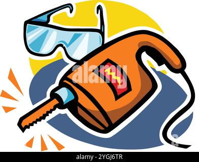Une illustration vectorielle abstraite montre des outils de construction comme des lunettes de protection, une perceuse et des lunettes dans un style de dessin animé amusant. Illustration de Vecteur