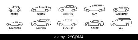 Ensemble de vecteur de voitures linéaires. Une collection de types classiques de formes de carrosserie de voiture. Un ensemble de contours automatiques différents. Logos de forme de voiture. Icônes linéaires de vue latérale Illustration de Vecteur