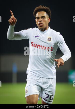 Riga, Lettonie. 07 novembre 2024. Mario Stroeykens d'Anderlecht célèbre après avoir marqué lors d'un match de football entre le letton Rigas FS et le belge RSC Anderlecht, à Riga, Lettonie, jeudi 7 novembre 2024, lors de la quatrième journée de la phase de Ligue du tournoi de l'UEFA Europa League. BELGA PHOTO VIRGINIE LEFOUR crédit : Belga News Agency/Alamy Live News Banque D'Images