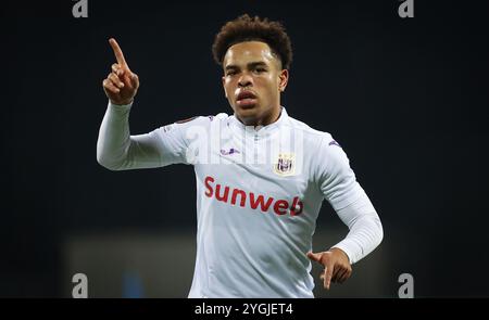 Riga, Lettonie. 07 novembre 2024. Mario Stroeykens d'Anderlecht célèbre après avoir marqué lors d'un match de football entre le letton Rigas FS et le belge RSC Anderlecht, à Riga, Lettonie, jeudi 7 novembre 2024, lors de la quatrième journée de la phase de Ligue du tournoi de l'UEFA Europa League. BELGA PHOTO VIRGINIE LEFOUR crédit : Belga News Agency/Alamy Live News Banque D'Images