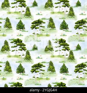Forêt de conifères verdoyants et prairies avec fleurs et papillons. Motif sans couture.. Illustration numérique aquarelle. Pins verts et sapins sur un m Banque D'Images