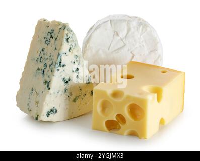 morceaux de différents fromages isolés sur fond blanc Banque D'Images