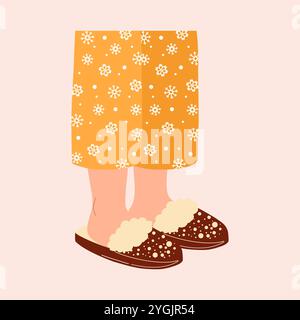 Jambes en pyjama avec flocons de neige et chaussons confortables. Illustration vectorielle dessinée à la main de Noël. Illustration de Vecteur