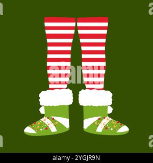 Jambes en pyjama rouge rayé et bottes de Noël vertes. Illustration vectorielle dessinée à la main. Illustration de Vecteur