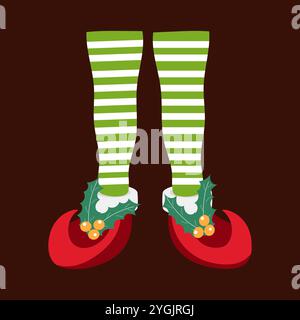 Jambes en pyjama rouge rayé et chaussures lutin de Noël vertes. Illustration vectorielle dessinée à la main. Illustration de Vecteur