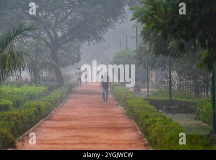 New Delhi, Inde. 07 novembre 2024. NEW DELHI, INDE - 7 NOVEMBRE : marcheurs tôt le matin un matin fumé à Dwarka, le 7 novembre 2024 à New Delhi, Inde. Le Département météorologique indien (IMD) a prévu que Delhi et la RCN sont susceptibles de souffrir de smog et de brouillard peu profond pendant la nuit et le matin au cours des 2-3 prochains jours. (Photo de Vipin Kumar/Hindustan Times/Sipa USA ) crédit : Sipa USA/Alamy Live News Banque D'Images