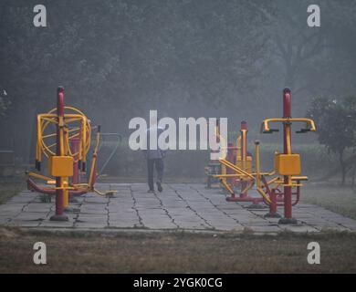 New Delhi, Inde. 07 novembre 2024. NEW DELHI, INDE - 7 NOVEMBRE : marcheurs tôt le matin un matin fumé à Dwarka, le 7 novembre 2024 à New Delhi, Inde. Le Département météorologique indien (IMD) a prévu que Delhi et la RCN sont susceptibles de souffrir de smog et de brouillard peu profond pendant la nuit et le matin au cours des 2-3 prochains jours. (Photo de Vipin Kumar/Hindustan Times/Sipa USA ) crédit : Sipa USA/Alamy Live News Banque D'Images
