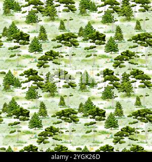 Forêt de conifères verts et prairies avec des fleurs. Motif sans couture. Illustration numérique aquarelle. Pins et sapins minces parmi les buissons et l'herbe iso Banque D'Images