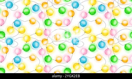 Boules d'arbre du nouvel an, bulbes incandescents. Illustration numérique aquarelle. Motif sans couture. Lumières de Noël isolées sur fond blanc. Multicolore Nouveau Banque D'Images