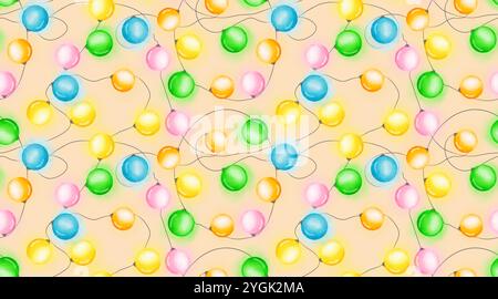 Boules d'arbre du nouvel an, bulbes incandescents. Illustration numérique aquarelle. Motif sans couture. Lumières de Noël isolées sur fond blanc. Multicolore Nouveau Banque D'Images