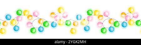 Guirlande festive du nouvel an avec des ampoules brillantes sur une bordure horizontale sans couture. Illustration numérique aquarelle. Guirlande lumineuse de Noël isolée sur un Banque D'Images