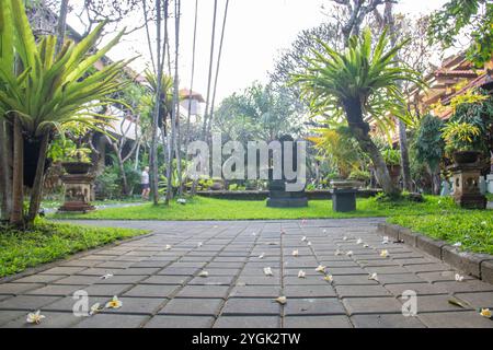 Jardin et complexe hôtelier sur une île tropicale. Belles plantes à Sanur, Bali, Indonésie Banque D'Images