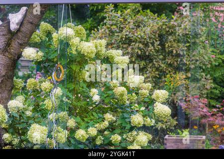 Décoration de jardin sur hortensia, fait maison, pierre en forme de coeur Banque D'Images