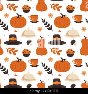 Modèle de motif sans couture festif Thanksgiving Day avec des éléments de dessin animé de style plat vibrant pour des designs saisonniers et des décorations de vacances Illustration de Vecteur