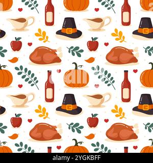 Modèle de motif sans couture festif Thanksgiving Day avec des éléments de dessin animé de style plat vibrant pour des designs saisonniers et des décorations de vacances Illustration de Vecteur