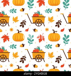 Modèle de motif sans couture festif Thanksgiving Day avec des éléments de dessin animé de style plat vibrant pour des designs saisonniers et des décorations de vacances Illustration de Vecteur