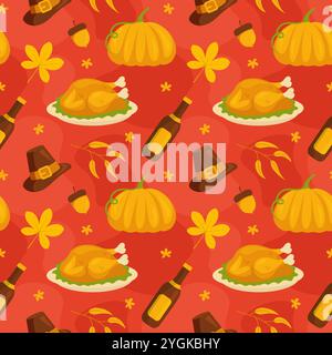 Modèle de motif sans couture festif Thanksgiving Day avec des éléments de dessin animé de style plat vibrant pour des designs saisonniers et des décorations de vacances Illustration de Vecteur