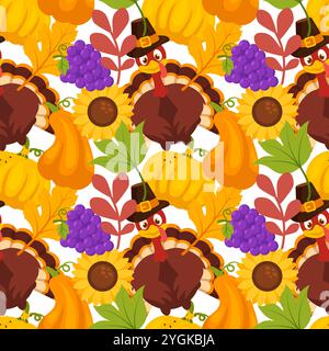 Modèle de motif sans couture festif Thanksgiving Day avec des éléments de dessin animé de style plat vibrant pour des designs saisonniers et des décorations de vacances Illustration de Vecteur