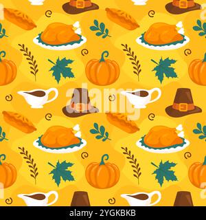 Modèle de motif sans couture festif Thanksgiving Day avec des éléments de dessin animé de style plat vibrant pour des designs saisonniers et des décorations de vacances Illustration de Vecteur