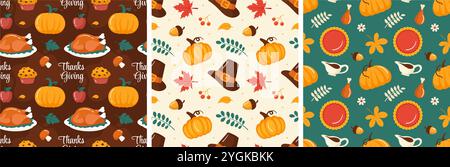 Modèle de motif sans couture festif Thanksgiving Day avec des éléments de dessin animé de style plat vibrant pour des designs saisonniers et des décorations de vacances Illustration de Vecteur