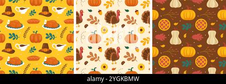 Modèle de motif sans couture festif Thanksgiving Day avec des éléments de dessin animé de style plat vibrant pour des designs saisonniers et des décorations de vacances Illustration de Vecteur