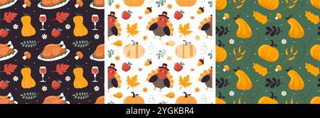 Modèle de motif sans couture festif Thanksgiving Day avec des éléments de dessin animé de style plat vibrant pour des designs saisonniers et des décorations de vacances Illustration de Vecteur