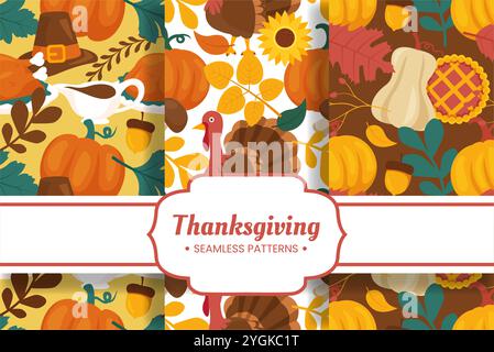 Modèle de motif sans couture festif Thanksgiving Day avec des éléments de dessin animé de style plat vibrant pour des designs saisonniers et des décorations de vacances Illustration de Vecteur